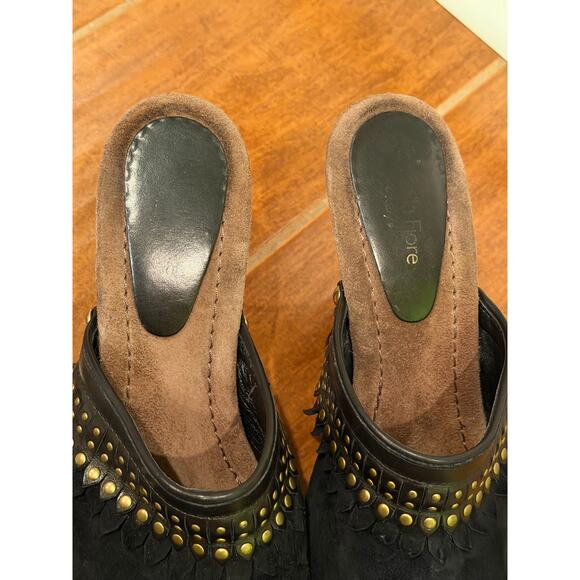 Isabella Fiore Black Suede Fringe Studded Wooden Heels Women’s Size 8 - Picture 6 of 14